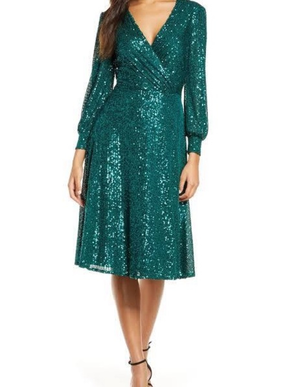 NWOT Tahari Emerald Sequin Wrap Midi Dress
